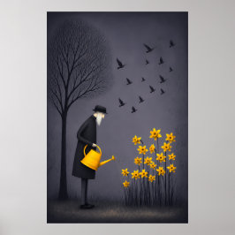 Póster Anciano Regando Esperanza Bajo Pájaros Silenciosos