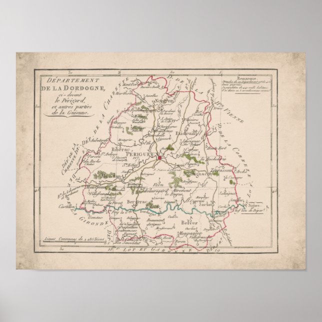 Póster Ancienne Carte - Departamento de la Dordogne (Frente)