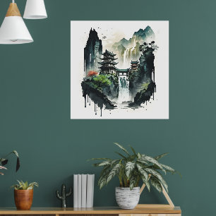 Póster Ancient Chinese Ink Landscape with Waterfall