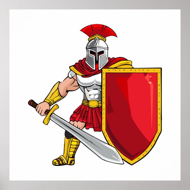 Póster Ancient warrior with sword and shield in helmet an (Frente)