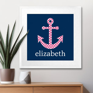 Póster Ancla con lunares rosados y nombre personalizado e