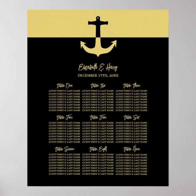 Póster Ancla náutica, oro negro, tabla de asientos Boda (Frente)