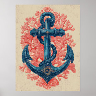Póster Ancla náutica vintage con coral