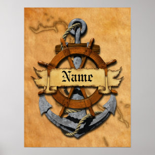Póster Ancla Y Rueda Náutica Personalizada