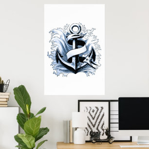 Póster Anclaje azul del mar Náutico