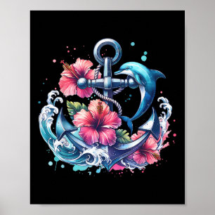 Póster Anclaje floral acuático delfín Anima náutica
