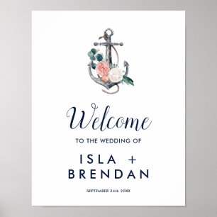 Póster Anclaje floral   Boda de verano Poster de bienveni