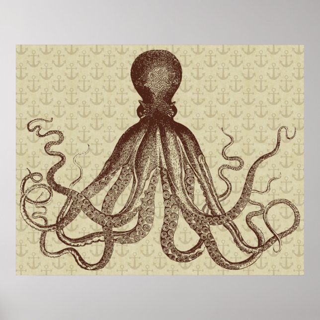Póster Anclas Octopus Lord Bodner Vintage Brown Nautical (Frente)