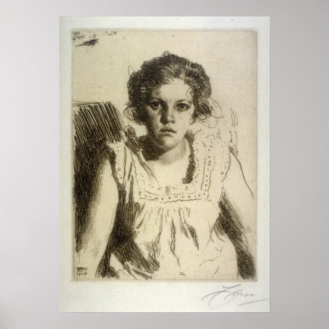 Póster anders zorn, retrato de un chica, grabando (Frente)