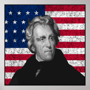 Póster Andrew Jackson y la bandera de los Estados Unidos