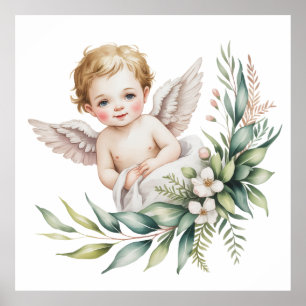 Póster Ángel bebé acuarela Alas de pluma Bautismo