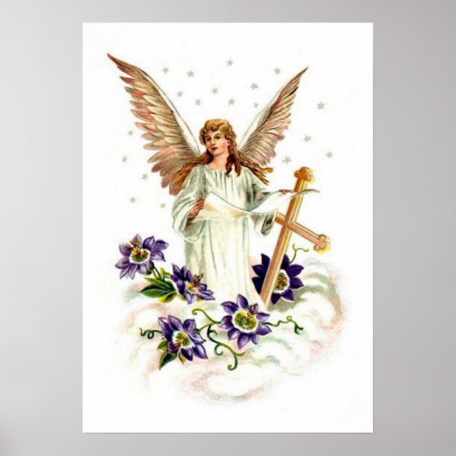 Póster Ángel con cruz y flores de clemátide (Frente)