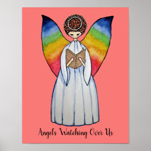Póster Ángel de color de agua con alas arco iris leyendo 