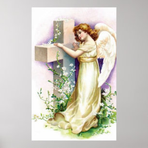 Póster Ángel de cosecha con cruz cristiana