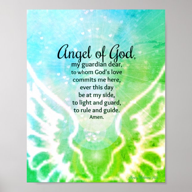 Póster Ángel de Dios Guardian Oración Blue Green Watercol (Frente)