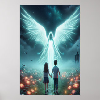 Póster Ángel de la Guarda + Dos Niños Caminando por un Ca