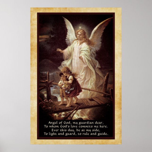Póster Ángel de la guarda, niños, puente y poema (Frente)