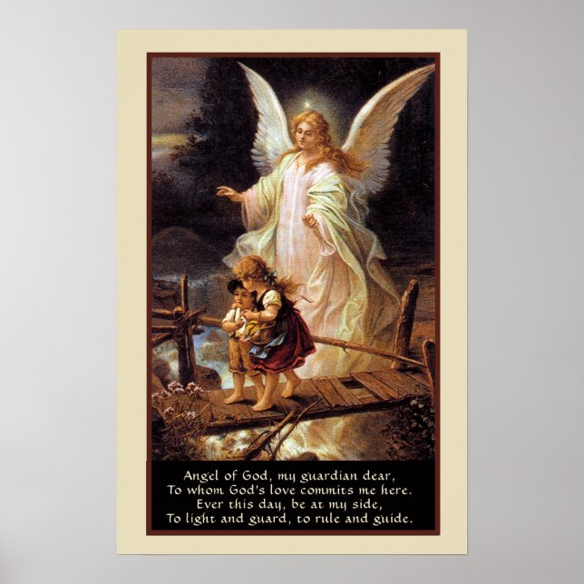 Póster Ángel de la guarda, niños, puente y poema (Frente)