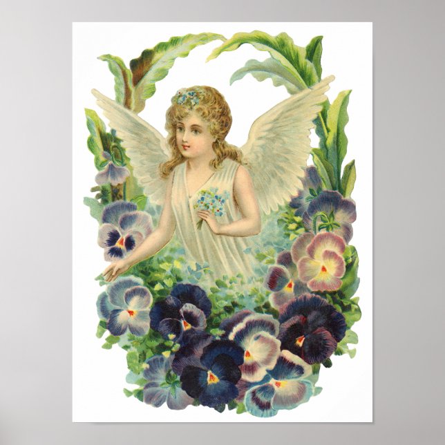 Póster Ángel de Pascua victoriano con flores de púrpura (Frente)