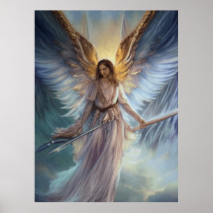 Póster Ángel De Protección En Una Acuarela Azul Claro