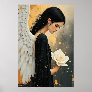 Póster Ángel gótico hermoso y rosa blanca celestial