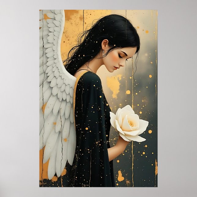 Póster Ángel gótico hermoso y rosa blanca celestial (Frente)