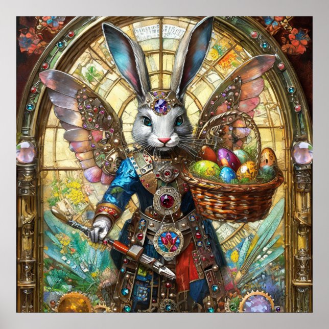 Póster Ángel guerrero conejo de Pascua steampunk (Frente)