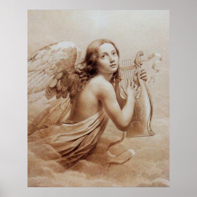 Póster ANGEL JUGANDO LYRA SOBRE LAS NUBES Sepia Marrón (Frente)