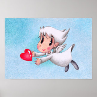 Póster Ángel llevando corazones.