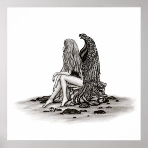 Póster Ángel, perdido en el pensamiento, diseño blanco y 