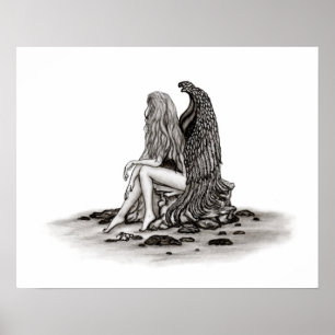 Póster Ángel, perdido en el pensamiento, diseño blanco y 