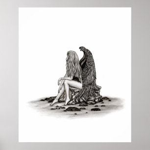 Póster Ángel, perdido en el pensamiento, diseño blanco y 