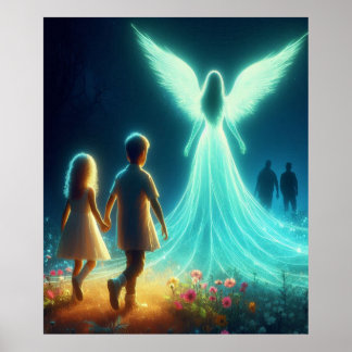 Póster Ángel protegiendo a dos niños pequeños en la noche