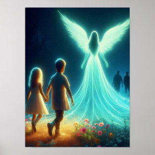 Póster Ángel protegiendo a dos niños pequeños en la noche