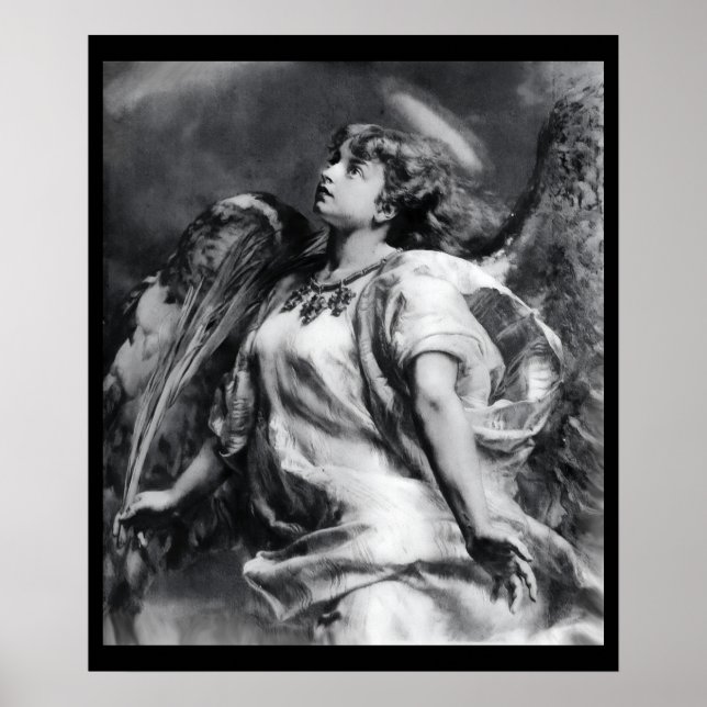 PÓSTER ÁNGEL ROMÁNTICO CON PLUMA EN NEGRO Y BLANCO (Frente)