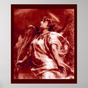 PÓSTER ÁNGEL ROMÁNTICO CON PLUMA EN ROJO BLANCO ANTIGUO