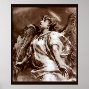 PÓSTER ÁNGEL ROMÁNTICO CON PLUMA EN SEPIA MARRÓN, BLANCO