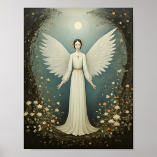Póster Ángel sagrado con alas, entre flores