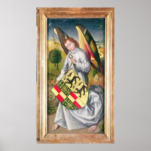 Póster Ángel sosteniendo un escudo con dos leopardos