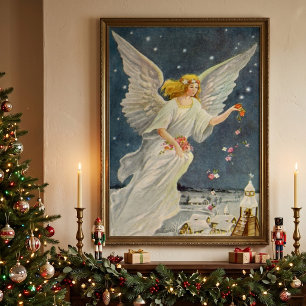 Póster Ángel Victoriano de Navidad Vintage con Estrellas
