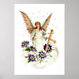 Póster Angel With Cross And Clematis Flowers