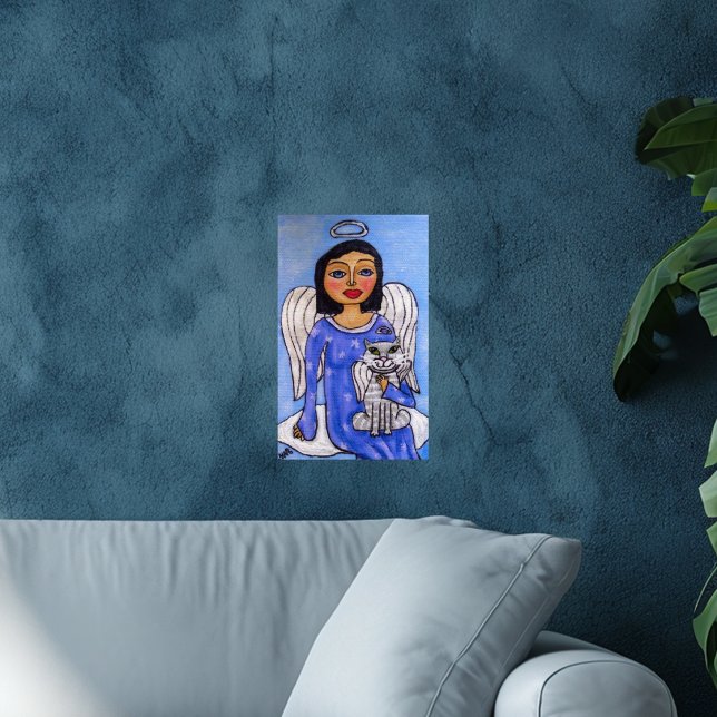 Póster Ángel y gato en una nube (Angel blue dress on cloud holding white angel cat on sky blue art wall poster.)
