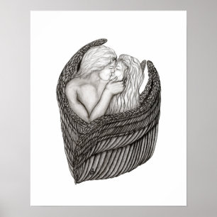 Póster Ángeles besándose, diseño en blanco y negro
