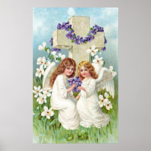 Póster Ángeles Cuidados Con Cruces Y Flores.