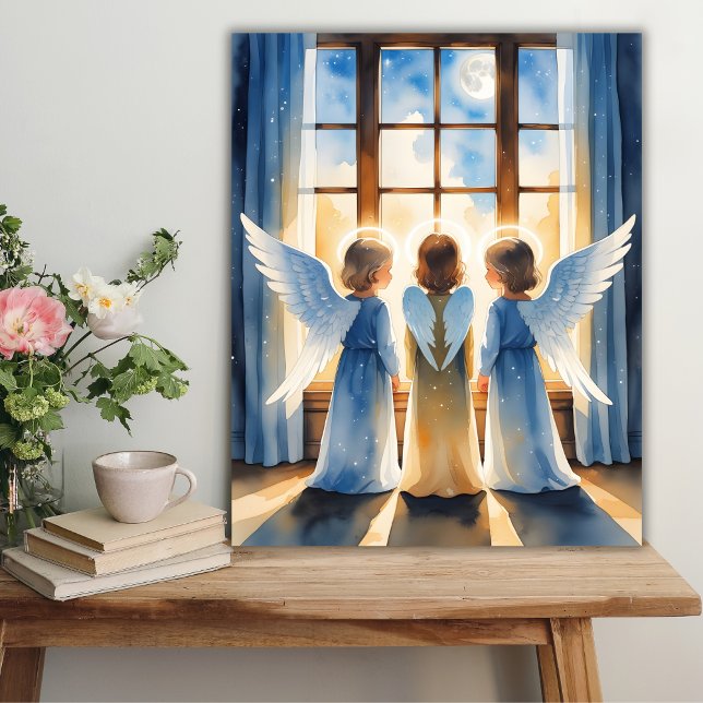 Póster Ángeles Cuidando el Cielo Nocturno Religioso (Angels Watching Over the Night Sky Religious Poster)