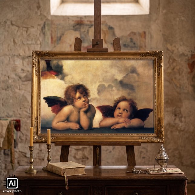Póster Ángeles de la Madonna Sixtina por Rafael Sanzio (Sistine Madonna (detail) by Raphael is a vintage Renaissance fine art religious portrait painting.)