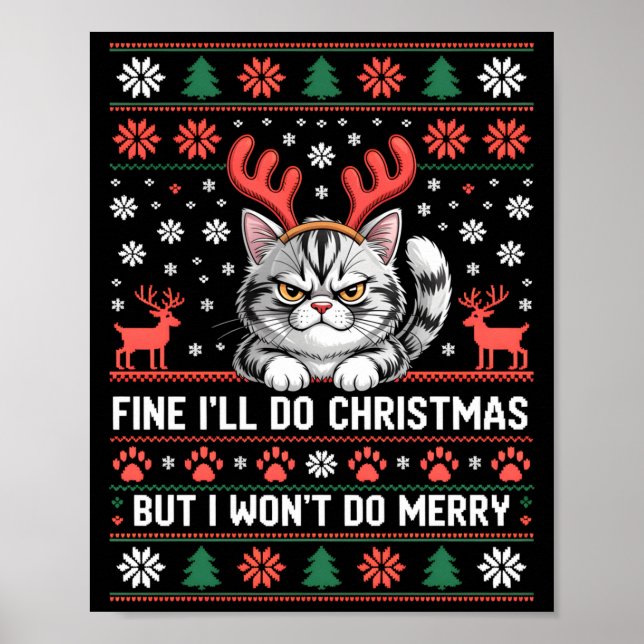 Póster Angry Antler Cat Funny Xmas Ugly Sweater Long Slee (Frente)