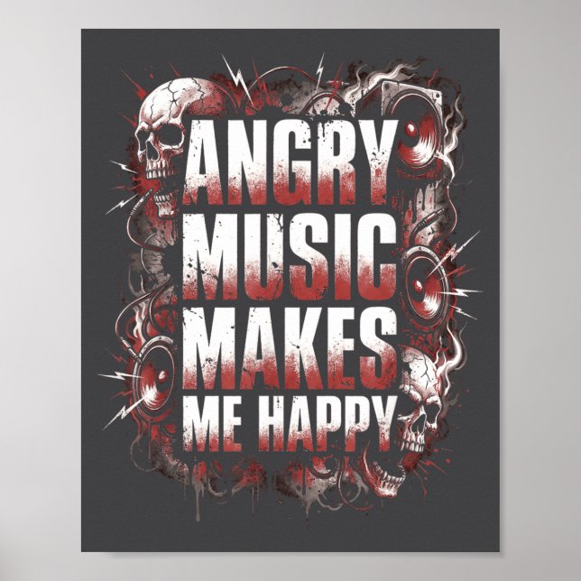 Póster Angry Music Makes Me Happy Heavy Metal Skull Rock  (Frente)