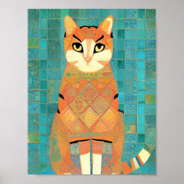 Póster Anillo de mosaico marrón gato sobre fondo turquesa