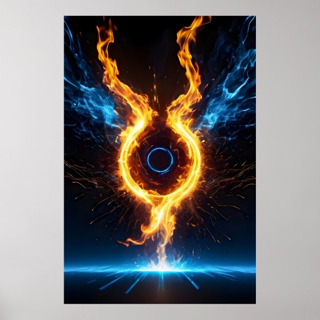 Póster Anillo Mágico Épico de Fuego Naranja Azul Elementa (Frente)